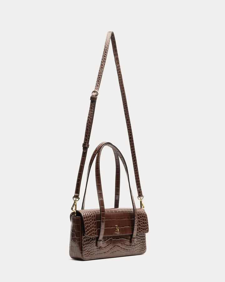 Slim Tote Croc Embossed Leather Chocolate - Main Image