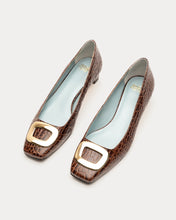 Load image into Gallery viewer, Mary Mini Block Heel Croc Embossed Leather Chocolate