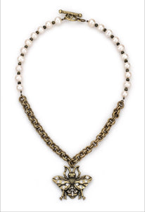 Freshwater Pearls with Cat's Eye, Double Cable Chain & Bee Pendant