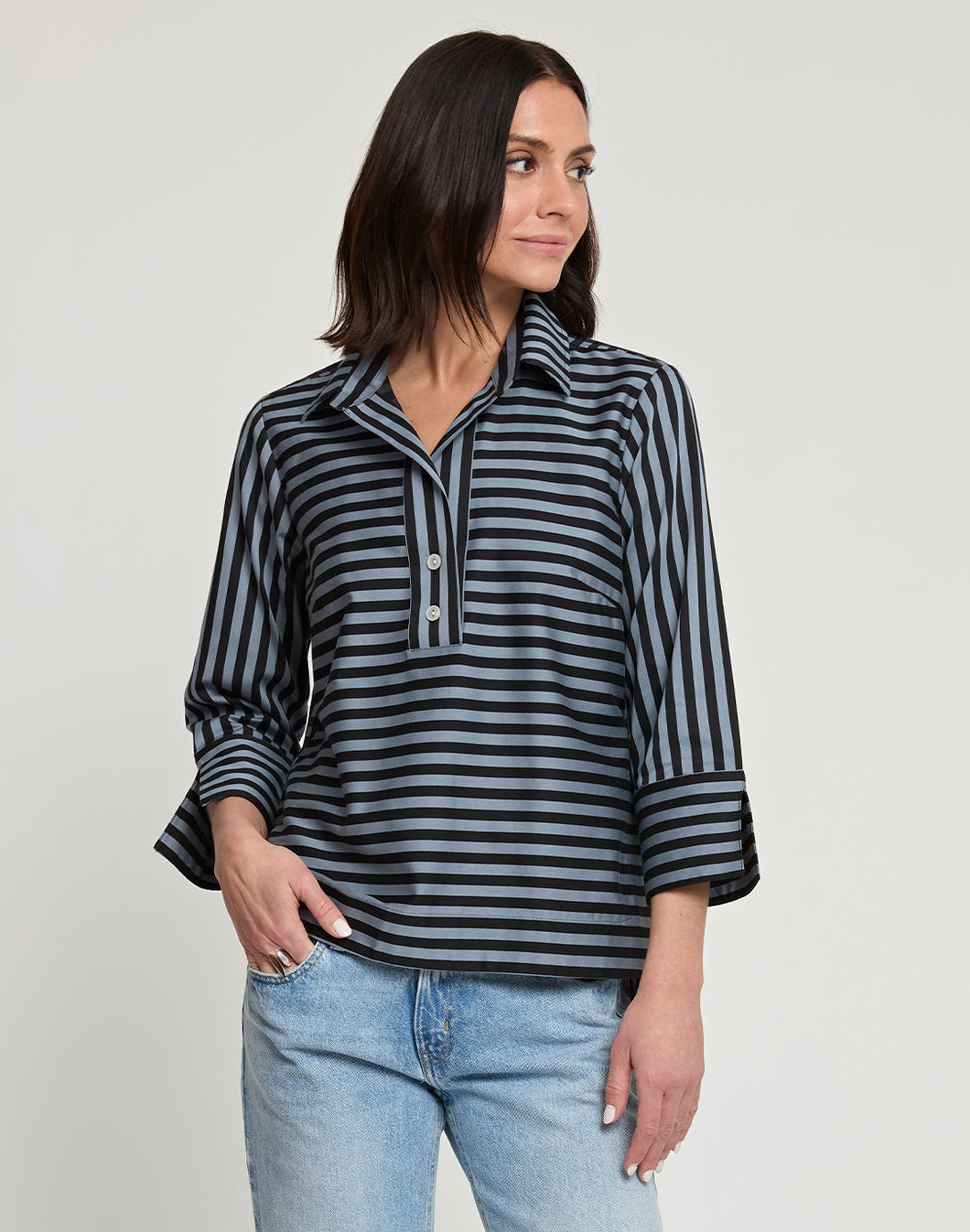 Aileen 3/4 Sleeve Black Stripe/Gingham Combo Top