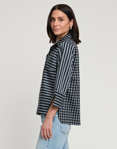 Aileen 3/4 Sleeve Black Stripe/Gingham Combo Top