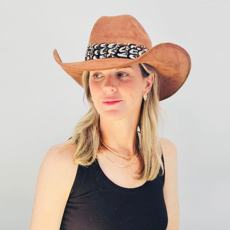 Brown Suede Cowboy Hat with Feather Band