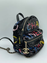 Load image into Gallery viewer, Chanel Sequin Mini Black Logo Backpack
