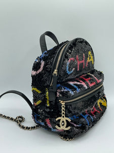 Chanel Sequin Mini Black Logo Backpack