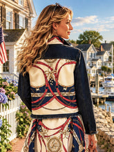 Load image into Gallery viewer, Navy &amp; Red Bridle Dark Denim Jacket
