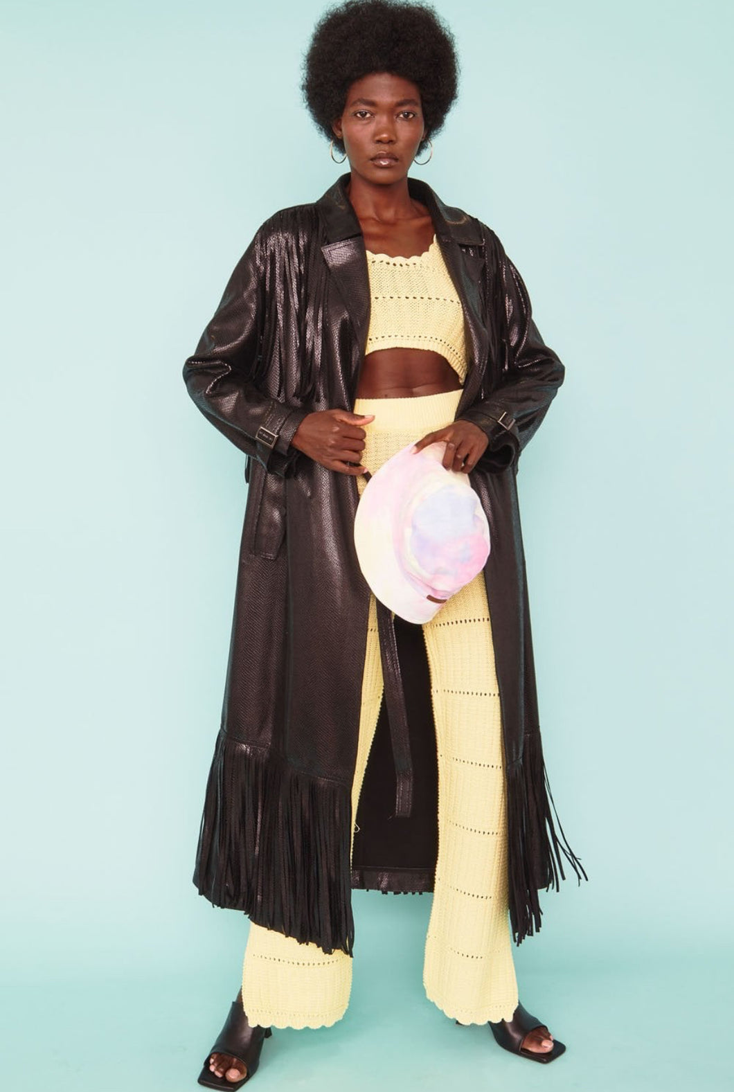 Tassel Trench Coat in Metallic Bronzed Black