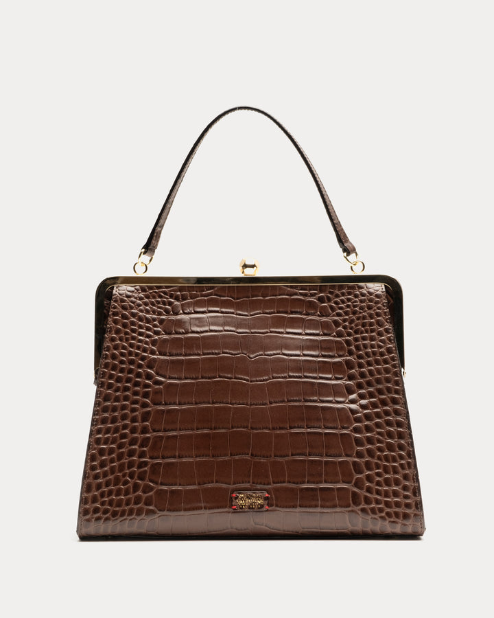 Jackie Frame Bag Croc Embossed Leather Chocolate