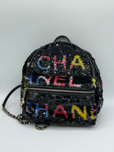 Load image into Gallery viewer, Chanel Sequin Mini Black Logo Backpack
