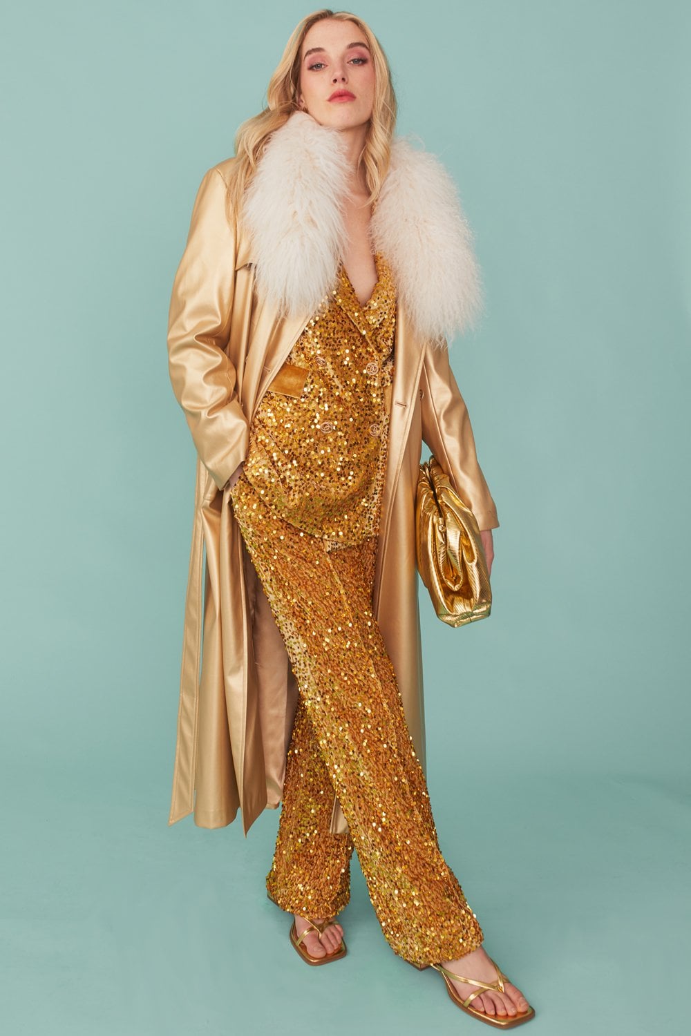 Gold Trench Coat with Detachable Mongolian Fur McCulley's Gold Trench Coat with Detachable Mongolian Fur McCulley's