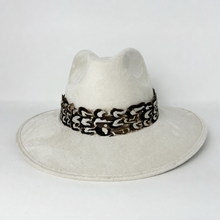 Load image into Gallery viewer, Cream Suede Hat with Brown/Cream Feather
