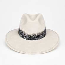 Load image into Gallery viewer, Cream Suede Hat with Black &amp; White Dot Feather
