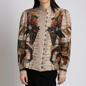 The Wind Horse Stand Collar Silk Blouse