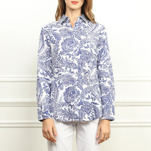 Diane Long Sleeve Blue & White Paisley Print