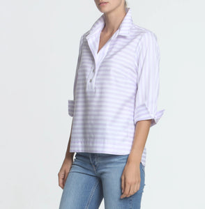Aileen 3/4 Sleeve Stripe/Gingham Button-Back Blouse