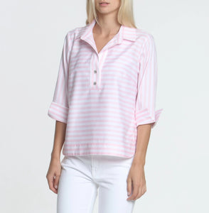 Aileen 3/4 Sleeve Stripe/Gingham Button-Back Blouse